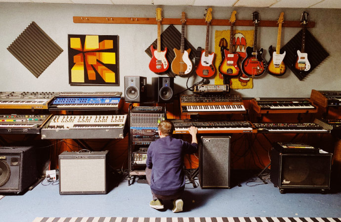 musical instruments in a recording studio