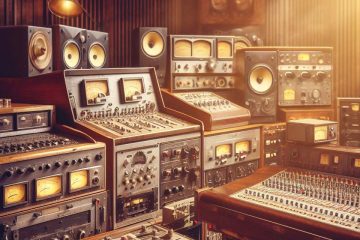 A packed studio full of vintage equipement