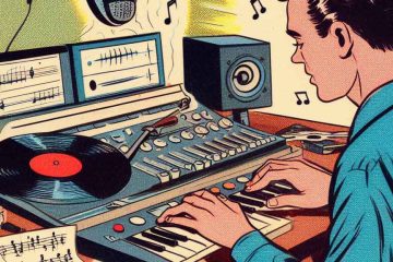 1950s style comic of music producer working on song