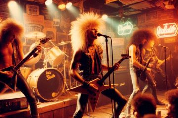 A hair metal band playing at a dive bar in 1987