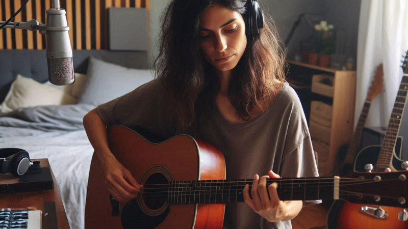 Woman recording song on acoustic guitar