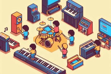 Pixel art drawing of a band arranging their music