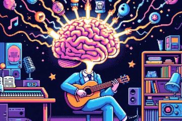 Pixel art depicting neurons firing when a musician practices