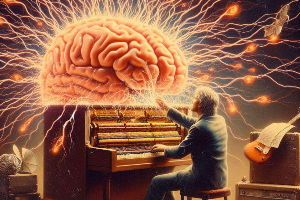 Illustration of a big brain and a pianist practicing