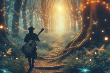 Guitarist walking through and enchanted forest