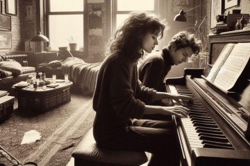 Two songwriters arranging a song on piano