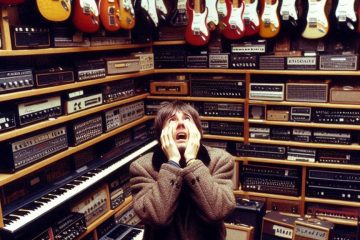 Man in music store overwhelmed at the number of choices