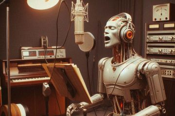 robot singing into a condenser microphone